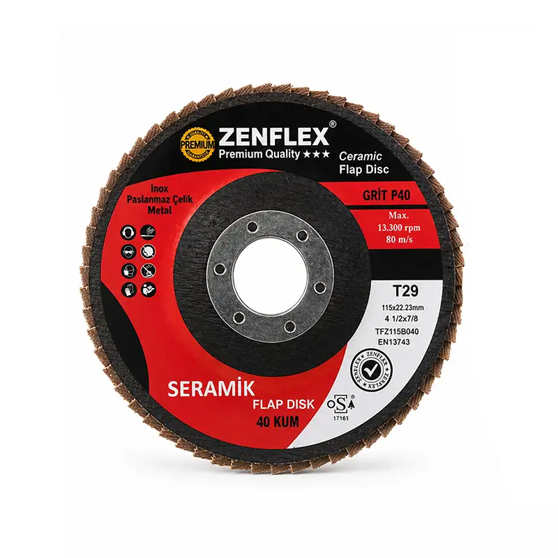 Zenflex 115 mm Seramik Flap Disk Zımpara | 40 / 60 / 80 Kum | 180 Adet | Paslanmaz Metal Zımpara Diski